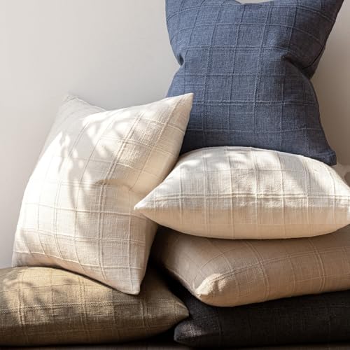 Linen Check Throw Pillow Covers Set of 2, 20x20 Inch - Natural Beige
