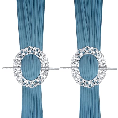 2-Pack Decorative Silver Metal Curtain Tiebacks with Crystal Floral Design