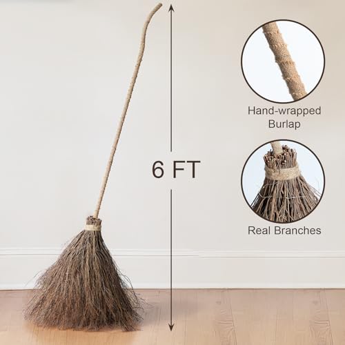 6FT Lighted Witch Broom Halloween Decoration - Rustic Real Twig Porch Decor