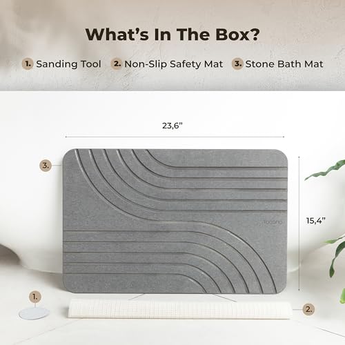 TOSORO Stone Bath Mat, Non-Slip Super Absorbent Diatomaceous Earth Shower Mat, Quick Drying Graphite, 23.5 x 15