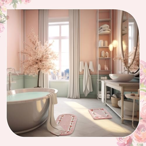 2-Piece Pink Rose Flower Bathroom Rug Set, Non-Slip Absorbent Floral Mats