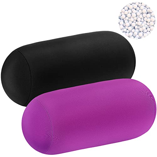 Microbead Neck Roll Pillow Set - 11.8 x 6.3 Inch Soft Support Pillows (Violet, Black)