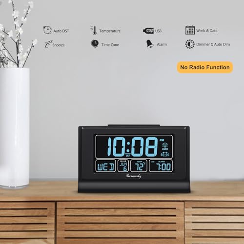 Digital Alarm Clock for Bedroom with 5 Inch Display, USB Port & Auto DST