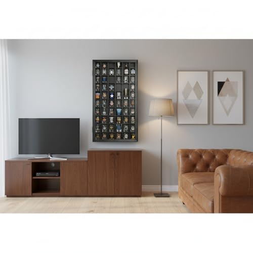 52-Slot Shot Glass Display Case, Wall-Mount Lockable Wooden Cabinet