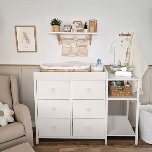 Baby Dresser with Changing Table Top, 6 Fabric Drawers & Nursery Shelf