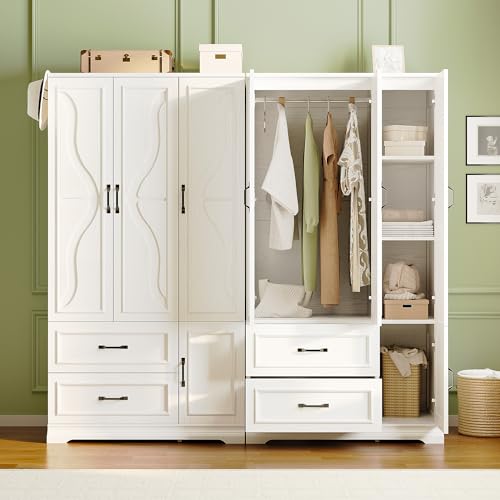 4-Door Wardrobe Closet with Drawers and Shelves, White Bedroom Armoire