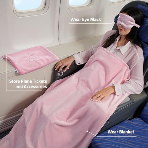 Compact Travel Blanket and Pillow Set with Eye Mask - 65x40 in, Pink