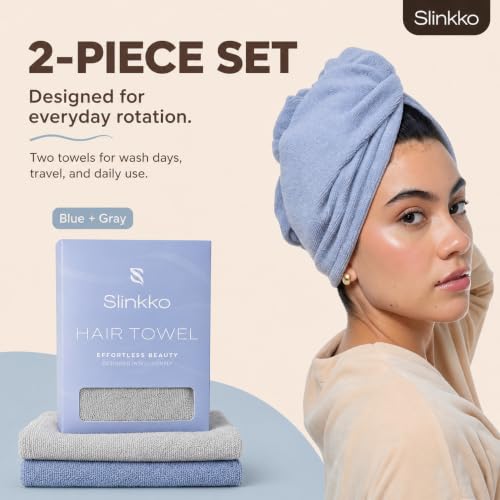 Slinkko Microfiber Hair Towel Wrap Blue & Grey - Quick Dry, Soft & Lightweight