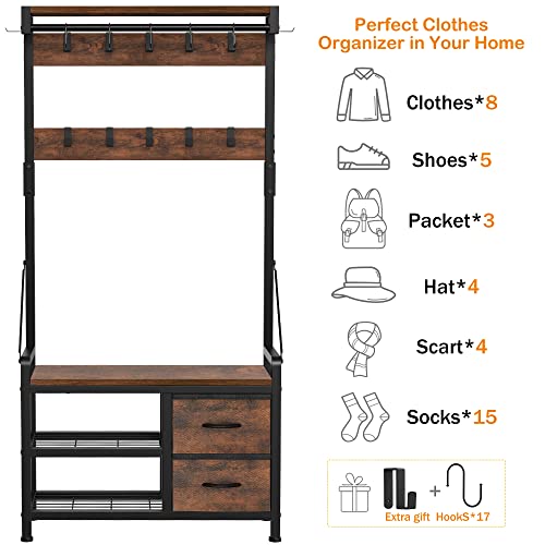 Rustic Hall Tree with Bench, Shoe Storage, 17 Hooks and 2 Drawers