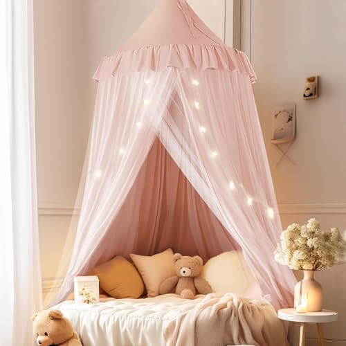 Double Layer Bed Canopy with Star Lights - Kids Reading Nook Tent, Pink