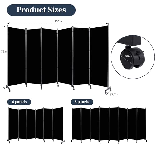 6-Panel Folding Privacy Screen Room Divider on Wheels, 132-inch Wide