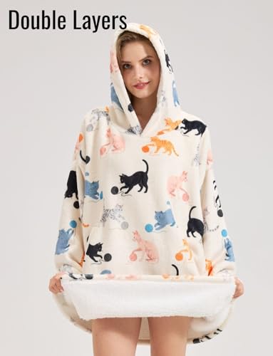 Huglanket Cat Lovers Hoodie Blanket – Cream Yarn Ball S, Oversized Flannel One Size