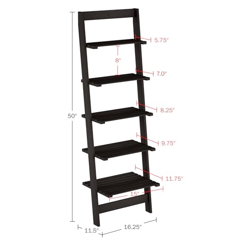 5-Tier Leaning Ladder Shelf, 50-Inch Narrow Wood Bookcase in Black