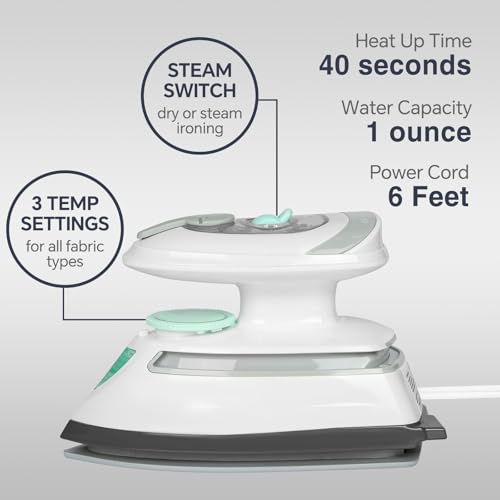 BEAUTURAL Mini Travel Steam Iron, Dual Voltage Portable Iron for Clothes, Sewing and Quilting, White