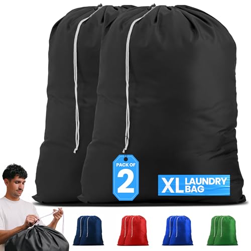 Extra Large Nylon Laundry Bag with Locking Drawstring - 2 Pack, Black