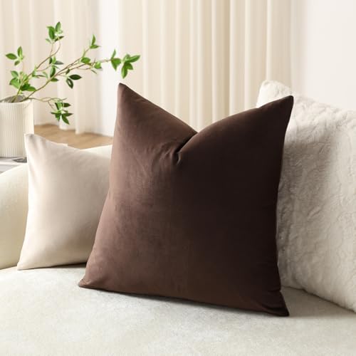 DEZENE Chocolate Brown Velvet Throw Pillow Covers 18x18 (Pack of 2)