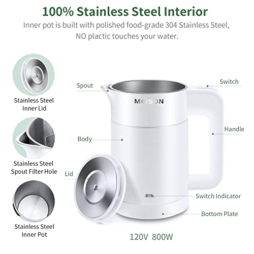 MEISON 0.6L White Electric Travel Kettle Stainless Steel Compact Hot Water Boiler