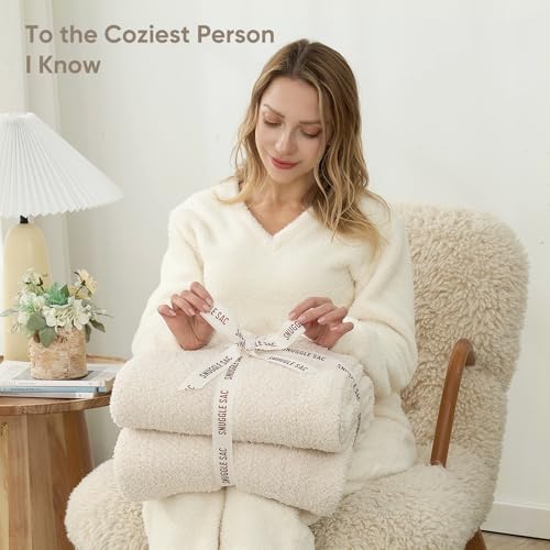 Snuggle Sac Soft Knitted Reversible Throw Blanket - Ivory (50x60)