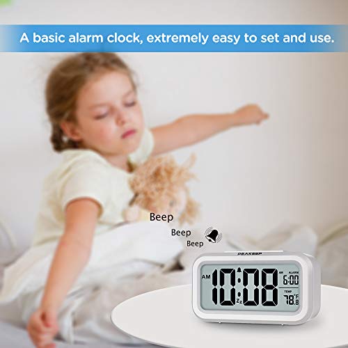 Digital Alarm Clock with Night Light & Temperature - Battery Operated (White)