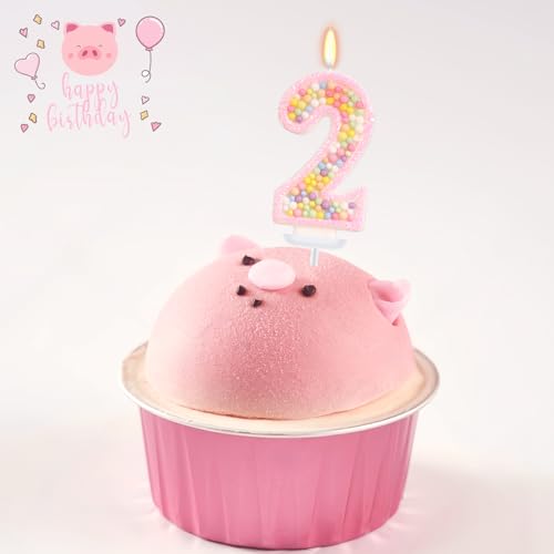 Pink Number 2 Birthday Candle - Glitter Macaron Cake Topper Decor