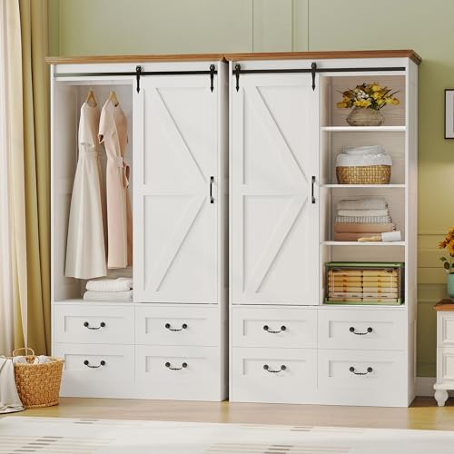 71-Inch Wooden Wardrobe Closet with Sliding Barn Doors and 4 Drawers