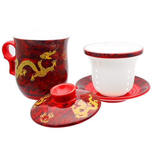 Tea Talent Dragon Red Waves Porcelain Tea Cup Set with Infuser & Saucer – Jingdezhen Chinese Teaware for Loose Leaf Brewing, 350ml