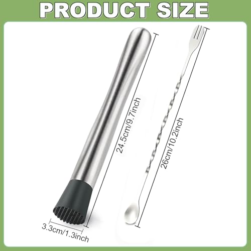 SZDGGZ 2 Pcs 10'' Stainless Steel Cocktail Muddler & Spoon Set for Bartenders & Home Bar
