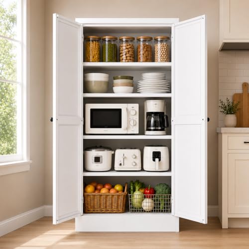 61" White Kitchen Pantry Storage Cabinet with 4 Adjustable Shelves & 2 Doors
