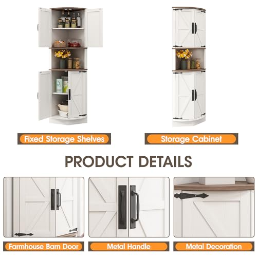 Tall Farmhouse Corner Cabinet with Barn Doors and 5 Storage Shelves, White