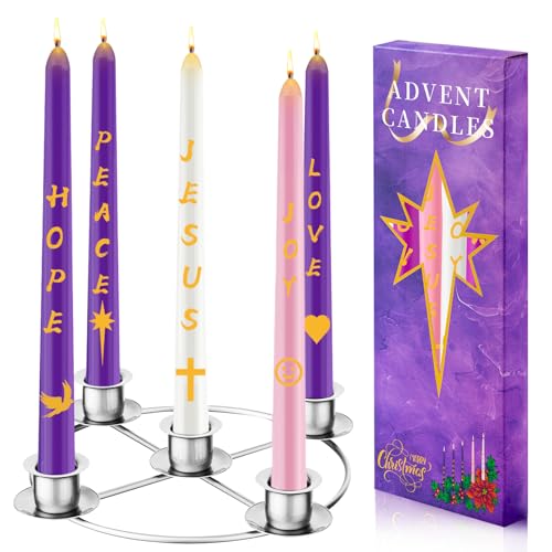 Advent Wreath Candle Holder Set with 5 Taper Candles - Silver Christmas Ring