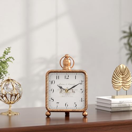 Vintage Gold Table Clock, French Rustic Mantel Clock for Shelf or Desk