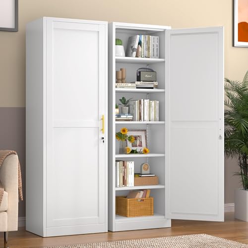 Tall Metal Narrow Storage Cabinet with 5 Shelves and Lockable Doors, 67-Inch