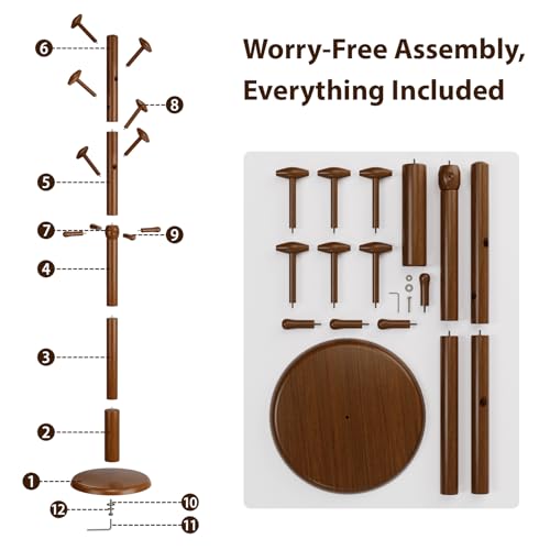 Solid Rubberwood Freestanding Coat Rack with 10 Hooks & Adjustable Height