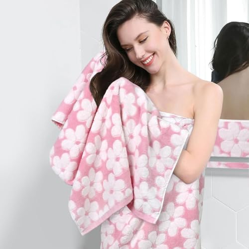 Set of 2 Floral Jacquard Cotton Bath Towels - 27.5 x 55 Inch Pink