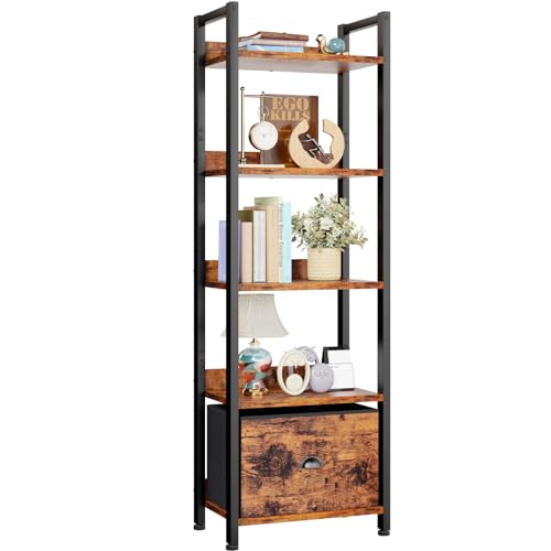 5-Tier Tall Narrow Bookshelf with Fabric Drawer - Rustic Brown