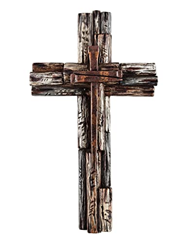 Rustic Layered Wood-Look Resin Wall Cross with Faux Iron Nail Accents