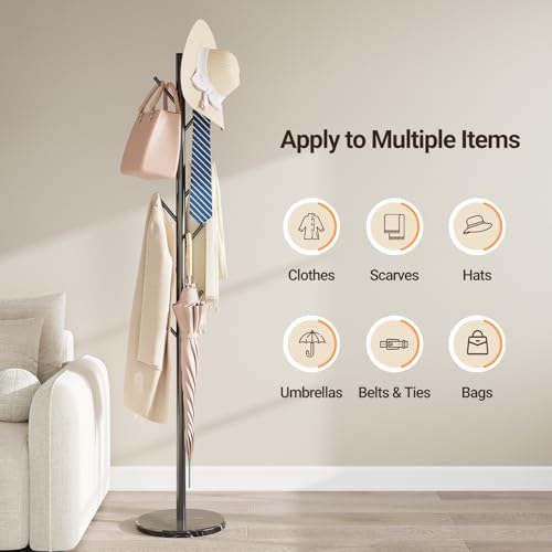 Adjustable Height Metal Coat Rack with Natural Marble Base, 10 Hooks