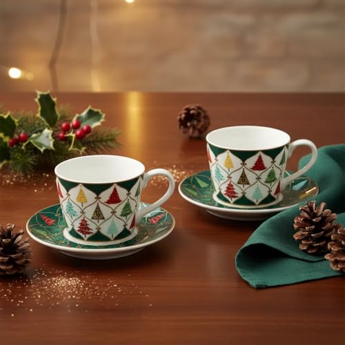Fruasio Christmas Tree 2-Piece Espresso Cups & Saucers Set, 4 oz Ceramic Teacups with Green Gold Holiday Pattern (Gift Box)