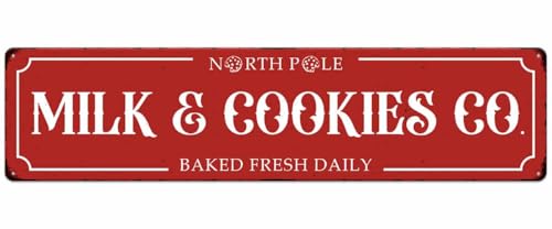 North Pole Christmas Metal Sign 16x4 Vintage Baked Cookies & Milk Plaque - SCAZOMV
