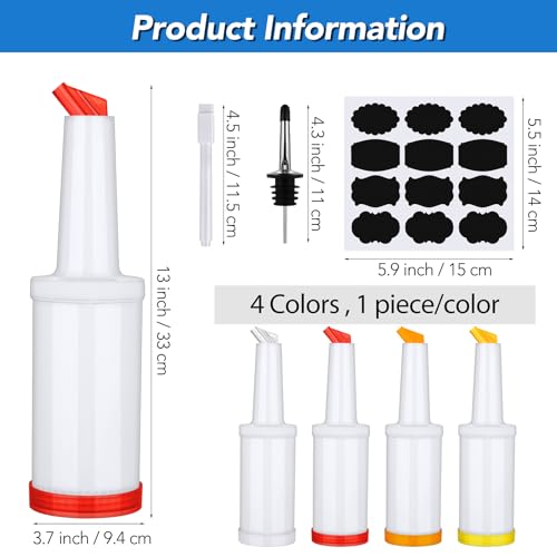Ruisita 4-Pack 34oz Plastic Juice & Liquor Pour Bottles with Stainless Steel Spouts - Multicolor Bar Containers
