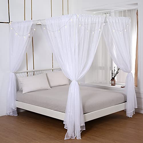 Bed Canopy Curtains with Star Lights - 8 Panel White Tulle Drapes (Full/Queen)