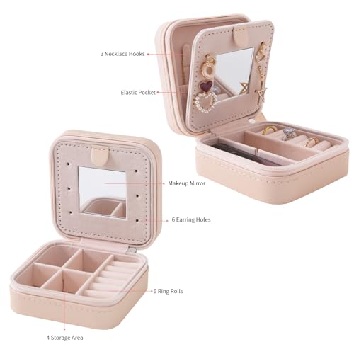 Small Portable Travel Jewelry Organizer Case with Mirror - Pink PU Leather