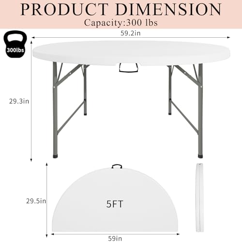 5ft Round Folding Table, Portable Heavy Duty HDPE Banquet Table with Handle