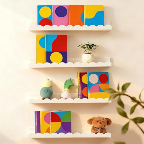 Set of 4 Scalloped Floating Wall Shelves for Nursery and Kids Room