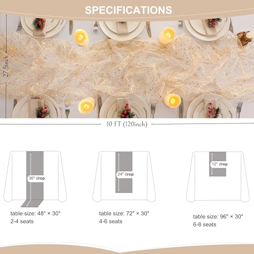 10 Ft Sheer Gold Foil Table Runner, Chiffon Gauze Wedding Table Decor