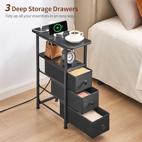 Narrow End Table with Charging Station, 2 Drawers and Smart LED Light