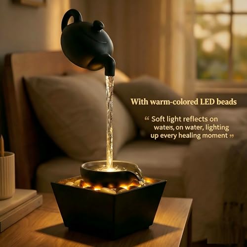 Floating Teapot Tabletop Fountain with LED Lights, Zen Water Feature