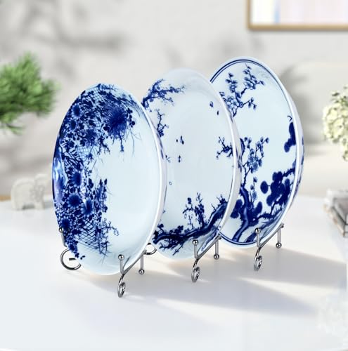 8-Inch Blue and White Ceramic Decorative Plate with Display Stand