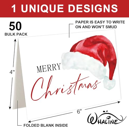 Whaline 50 Xmas Greeting Cards with Envelopes & Stickers, 4x6 inch Santa Claus Notes