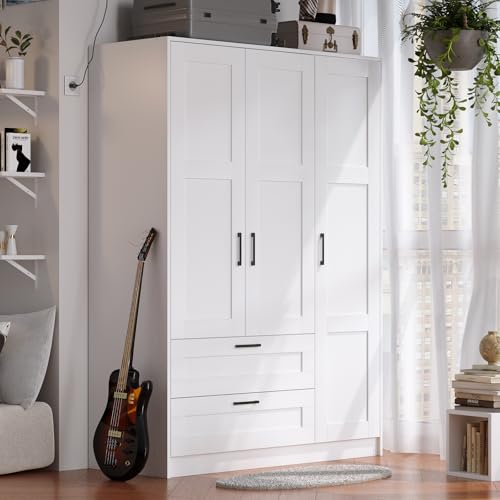3-Door Wooden Wardrobe with 2 Drawers, White Freestanding Bedroom Closet